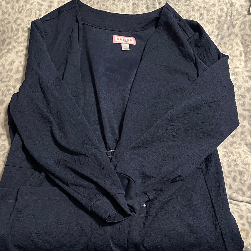 Koi Navy Floral Jacquard Textured Scrub Cardigan